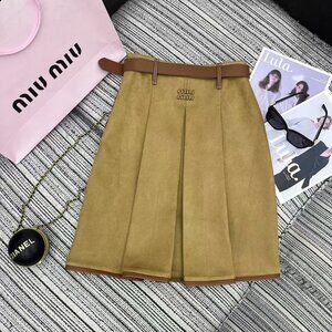 Miumiu Pleated Skirt with Letter Appliqué Embroidery and Leather Belt